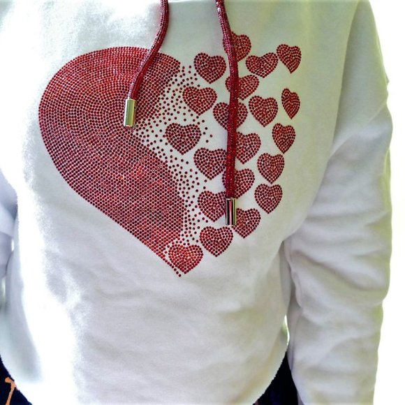 NWT Red Hearts Crystals On White Cropped Hoodie M - Picture 7 of 14